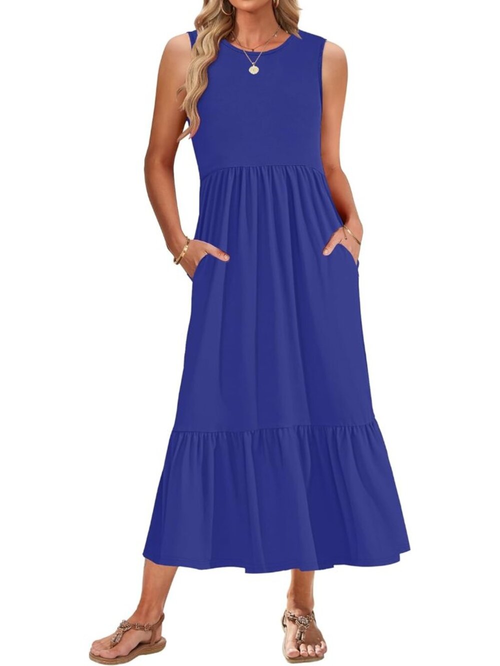 Women's Blue Summer Sleeveless Empire Waist Crewneck Maxi Dresses with Pockets